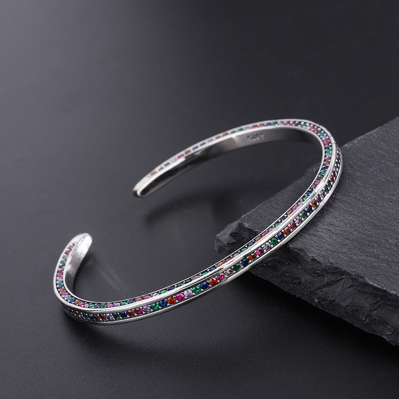 925 Sterling Silver Three Side Rainbow Zircon Bracelet Women Ins Small Minority Design Luxury High Sense Delicate Cool Wind