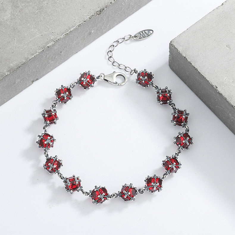 S925 Sterling Silver Glazed Red Zirconium Lucky Ball Bracelet Female